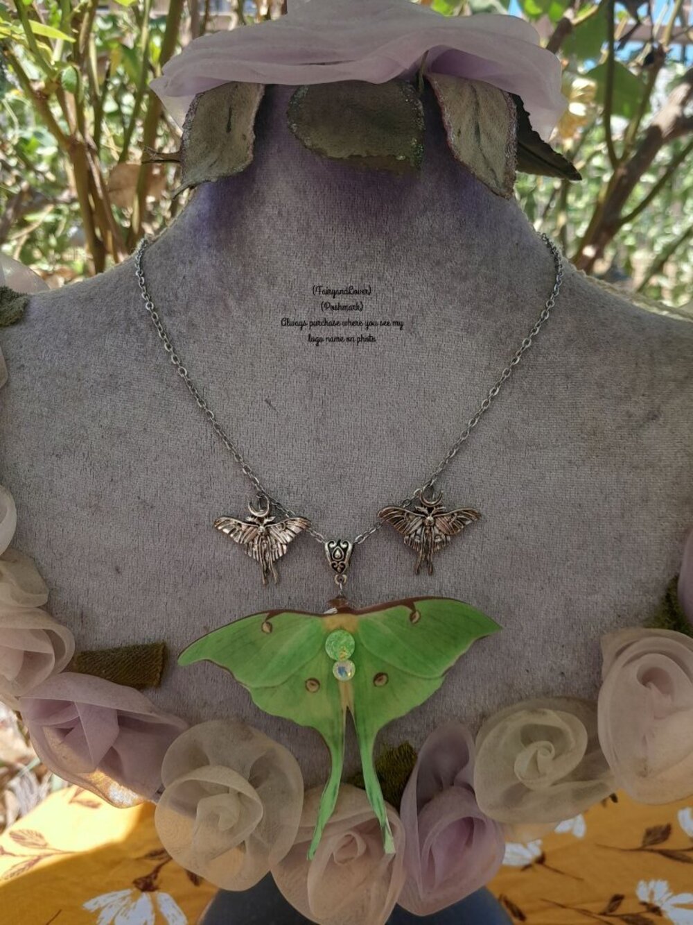 Luna moth butterfly silk organza keepsake locket photo frame pendant necklace